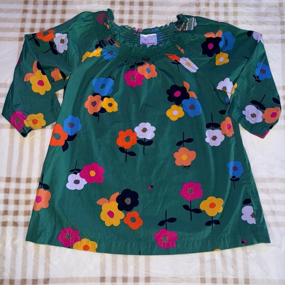 Hanna Andersson Girls Green Floral Smocked Neck Cotton Top Size 130 US 8